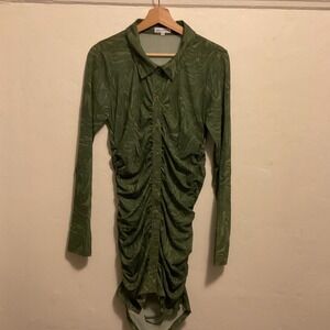 Good American 2 Green Swirl Button Down Ruched Long Sleeve Mesh Dress Size M